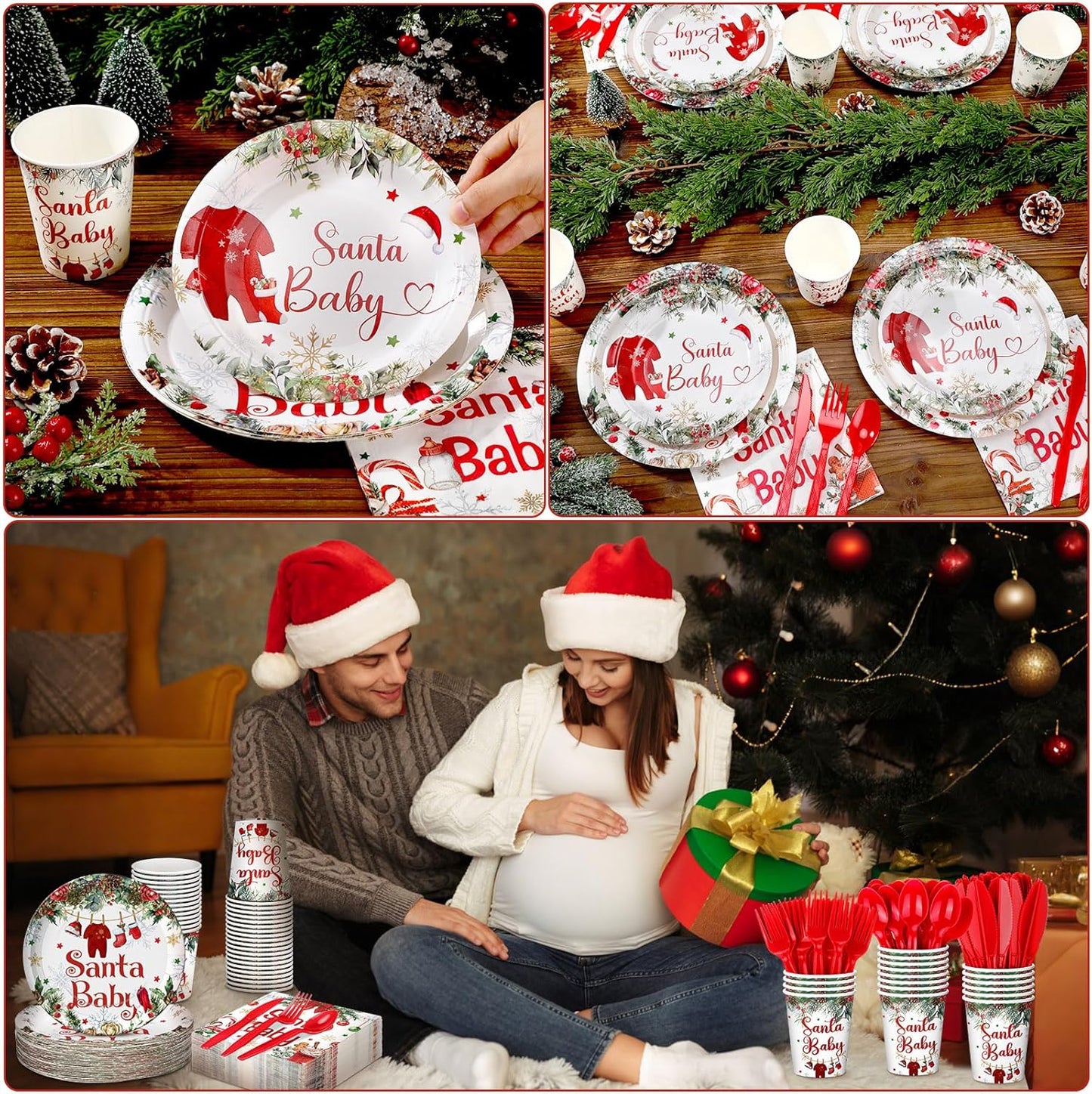 Dandat 350 Pcs Baby Shower Plates Set Baby Shower Party Supplies Serves 50 Tableware Sets Include Plates Napkin Cup Forks Knives Spoons Disposable Dinnerware (Christmas Santa Babies,Red)