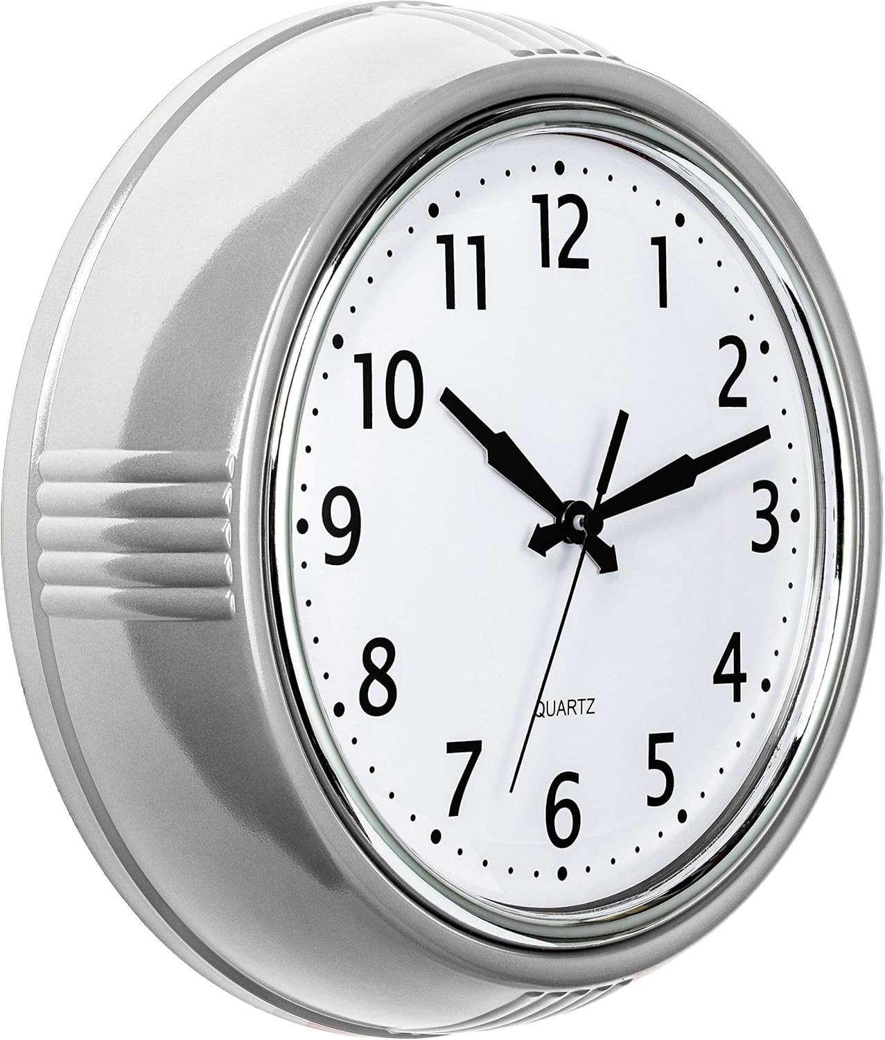 Bernhard Products Retro Wall Clock 9.5 Inch Silver Kitchen 50's Vintage Design Round Silent Non Ticking Quality Quartz Battery Operated for Home/Office/Kitchen/Living Room/School Classroom