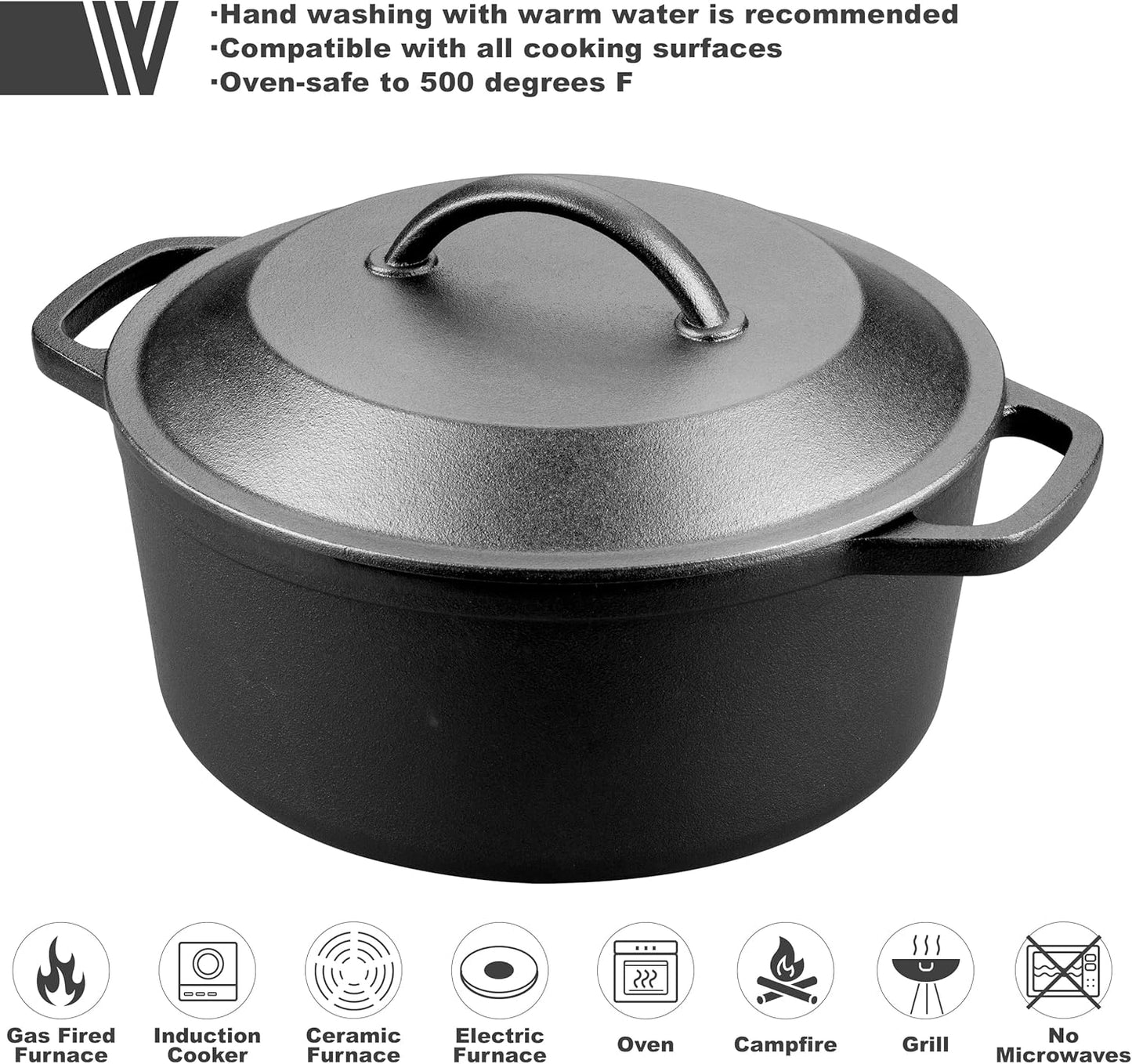 Pre-Seasoned Cast Iron Dutch Oven with Lid, Round and Dual Handles, for Stovetop, Camping, Grill, Induction, Electric, Black, 4.5qt
