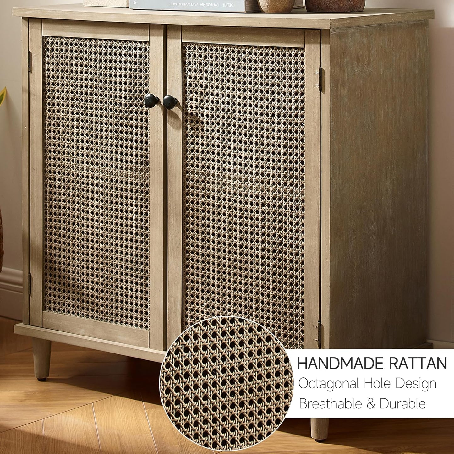 Sideboard Buffet Cabinet, Rattan Storage Cabinet with 2 Doors and Removable Shelf, Farmhouse Decor for Living Room, Entryway, Hallway, Kitchen, Dining Room