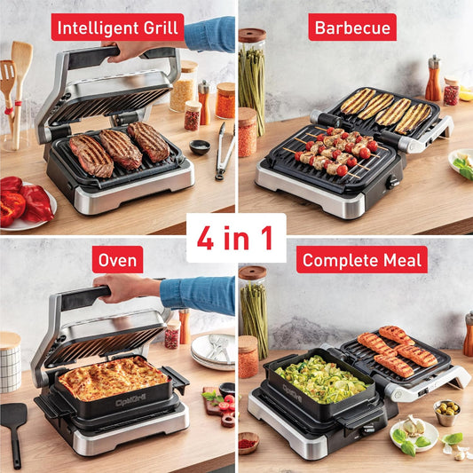 T-fal, Electric Grill, OptiGrill 4in1, Stainless Steel, 9 Automatic Cooking Modes, Intelligent Grilling Rare to Well-Done, 1800 Watts, Nonstick Removable Plates, Dishwasher Safe, Indoor, Silver