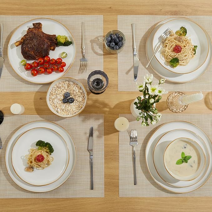 18 Piece White Reactive Glaze Dinnerware Set for 6, Irregular Coastal Shape Stoneware | Elegant & Minimal Design for Daily Family Dinners or Weekend Guests