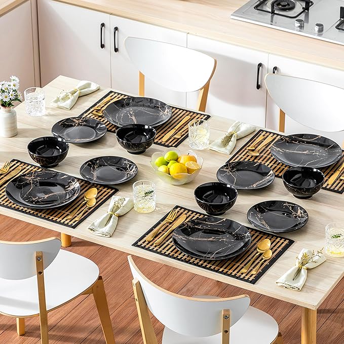 LOVECASA Plates and Bowls Sets for 4, 12 Pieces Porcelain Dinnerware Sets, Black and Gold Dish Set Gold Splash Dishware Sets, Dishwasher Microwave Safe