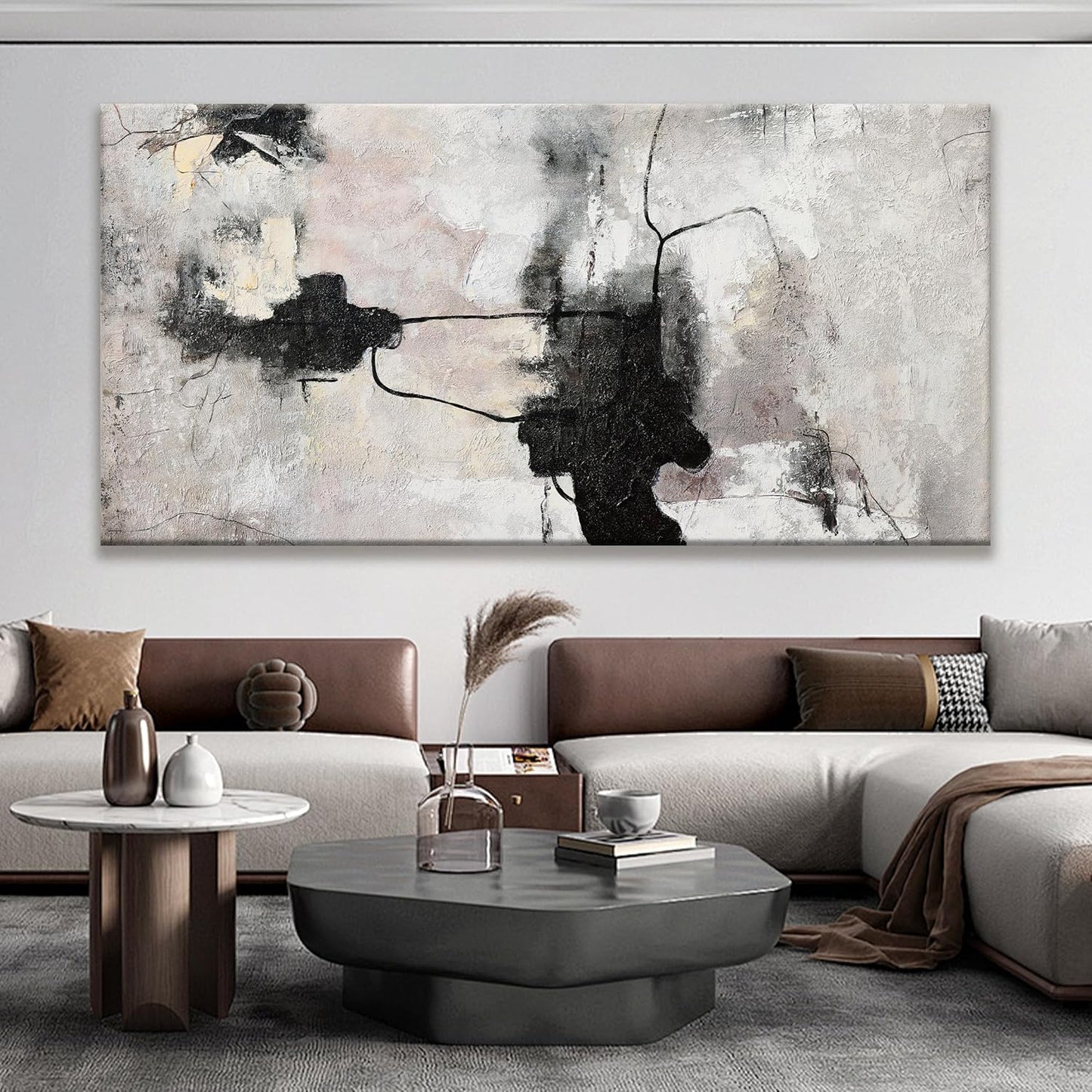 QSQ Black And Off-White Large Abstract Wall Art For Living Room Decor Grunge Room Decor Art Canvas Art Wall Decor 29" X 58" Painting Wall Art For Bedroom Home Office Artwork