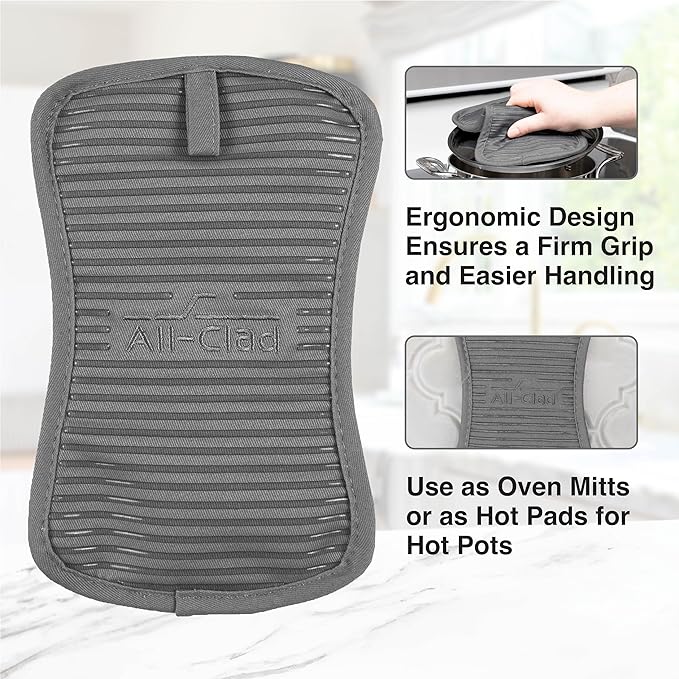 All-Clad Premium Pot Holder & Heating Pad, (2-Pack) Heat Resistant to 500 Degrees, 100% Cotton 10"x6.25" for Kitchen and Barbeque, Pewter
