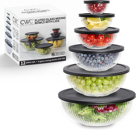 COOK WITH COLOR 12 Pc Glass Mixing Bowl Set with Lids – Borosilicate Glass Nesting Bowls for Cooking, Baking and Meal Prep, Fluted Black