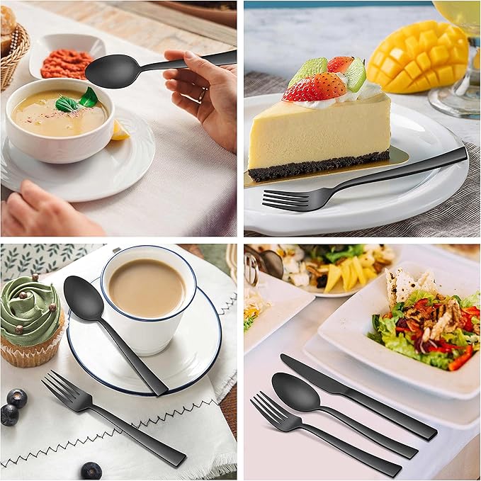 Herogo 20-Piece Matte Black Silverware Set for 4, Stainless Steel Square Flatware Cutlery Set, Tableware Eating Utensils Include Knife Spoon Fork, Satin Finish, Dishwasher Safe