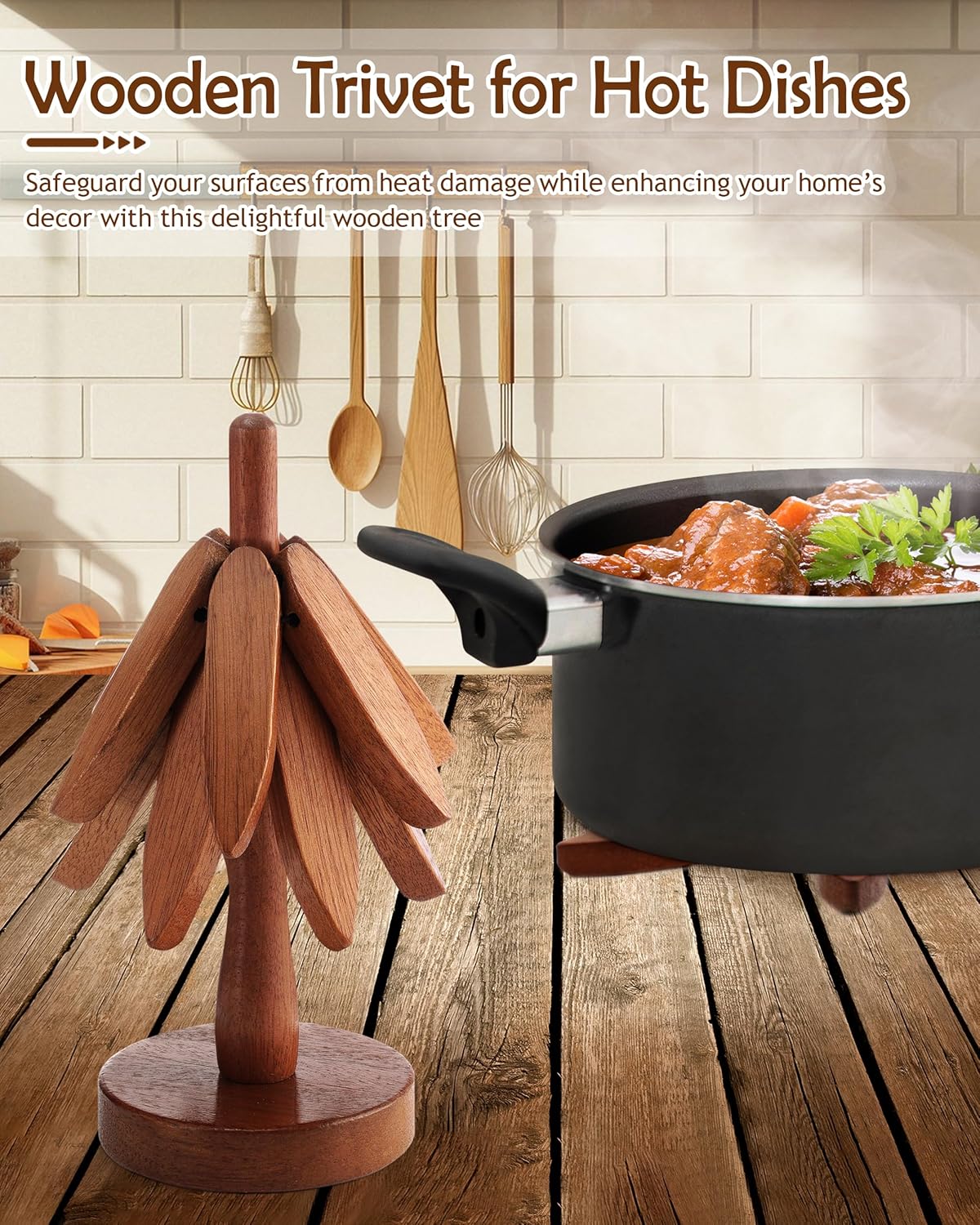 6pcs 8 Inch Wooden Trivets for Hot Dishes, Hot Pots and Pans, Anti Stain Natural Wood Pot Holders for Kitchen Counter Decor, Wooden Collapsible Tree Coasters with Organizer Dinner Placemats