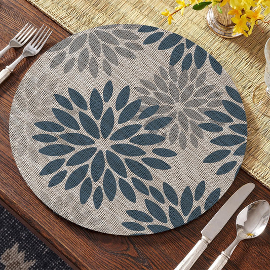 Artoid Mode Navy Dahlia Plastic Round Placemats Set of 4, 14 Inch Seasonal Wipeable Woven Vinyl Table Mats for Farmhouse Party Kitchen Dining Decor