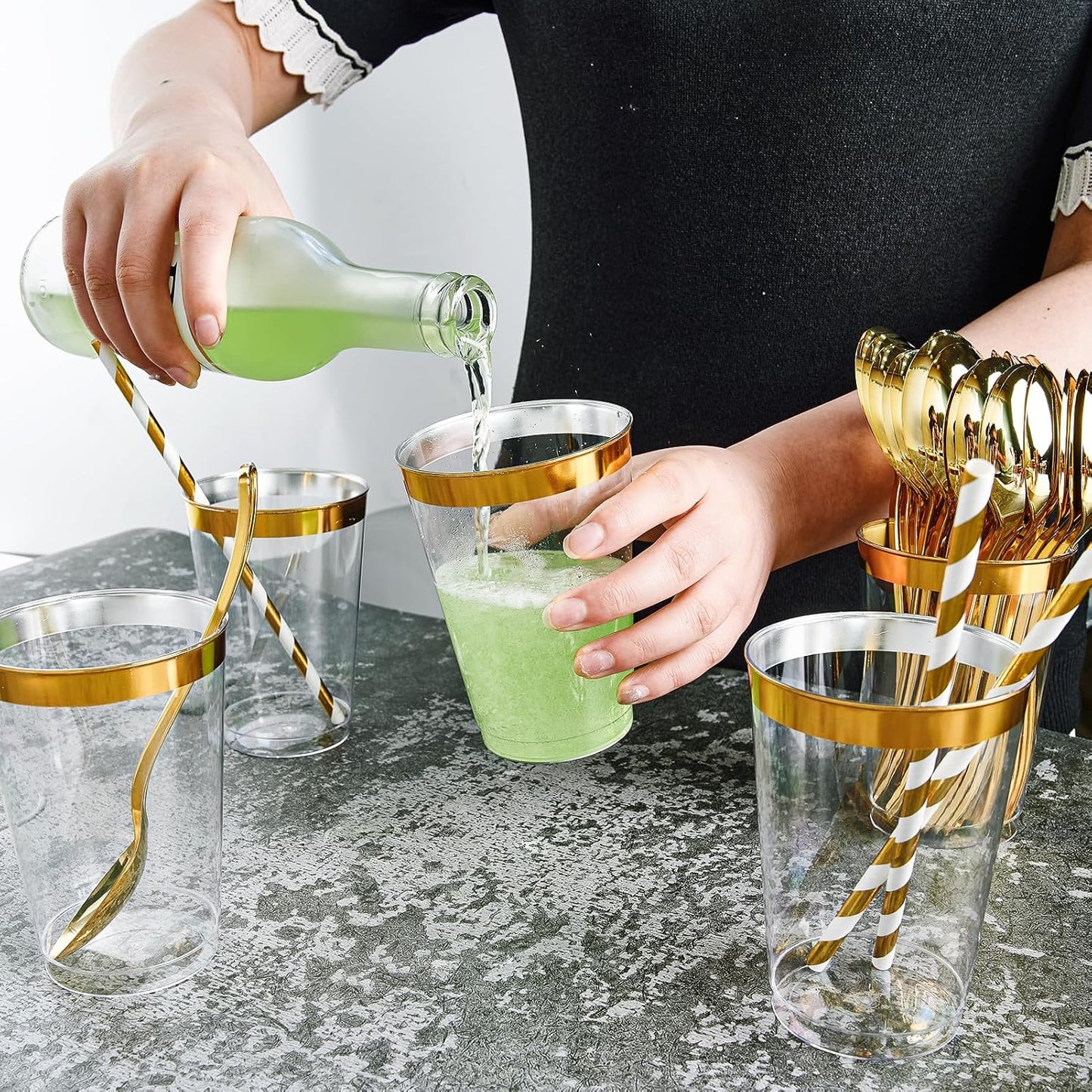 250 Count Gold Disposable Plastic Dinnerware Set, 50 Gold Plastic Plates, 25 Silverware, 25 Cups and Straws, 50 Napkins, Perfect for Wedding Party