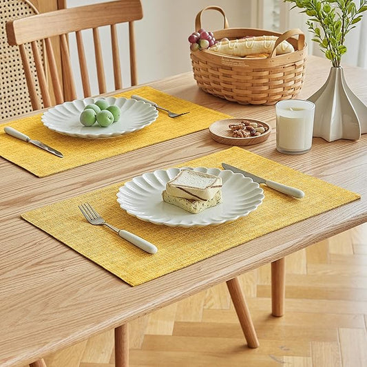 Softalker Faux Linen Placemats Set of 4-12 x 18 Inch, Heat Resistant Double Layered Durable Burlap Farmhouse Place Mats, Non-Slip Washable Rustic Table Mats for Dining, Kitchen, Party（Yellow