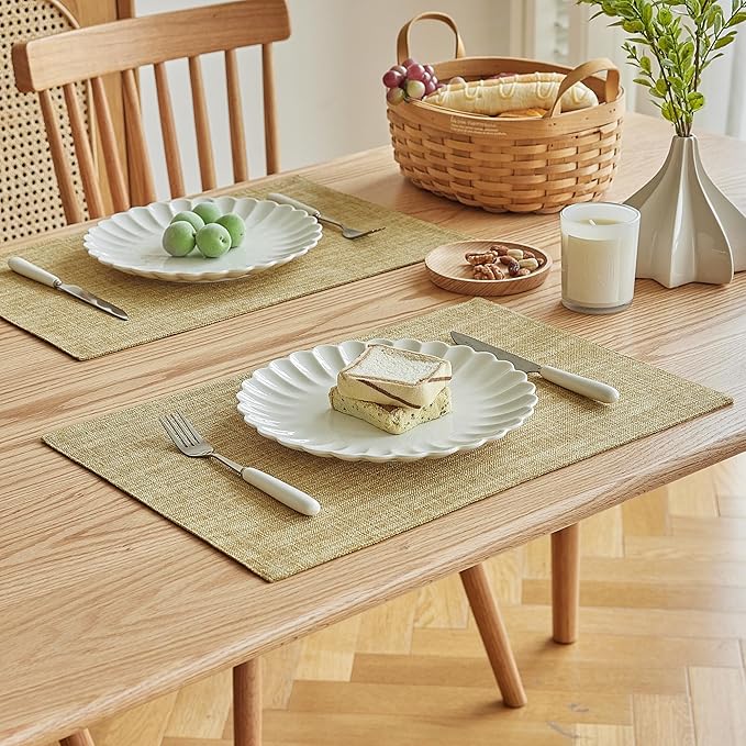 Softalker Faux Linen Placemats Set of 12-12 x 18 Inch, Heat Resistant Double Layered Durable Burlap Farmhouse Place Mats, Non-Slip Washable Rustic Table Mats for Dining, Kitchen, Party（Khaki