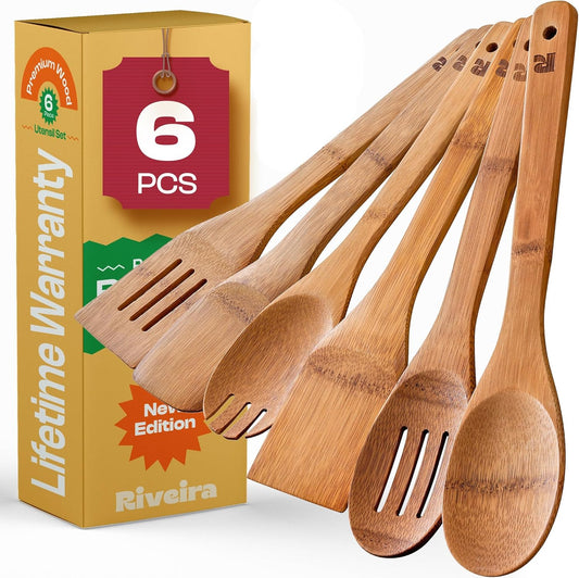 Riveira Dark Bamboo Wooden Spoons for Cooking 6-Piece, Apartment Essentials Wood Spatula Spoon Nonstick Kitchen Utensil Set Premium Quality Housewarming Gifts for Everyday Use