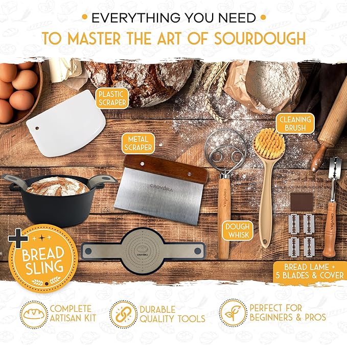 Pre-Seasoned Cast Iron Dutch Oven for Bread Baking with Skillet Lid - Incl. Sourdough Bread Baking Supplies like Banneton Bread Proofing Basket, 5QT Cast Iron Bread Pan, Bread Oven