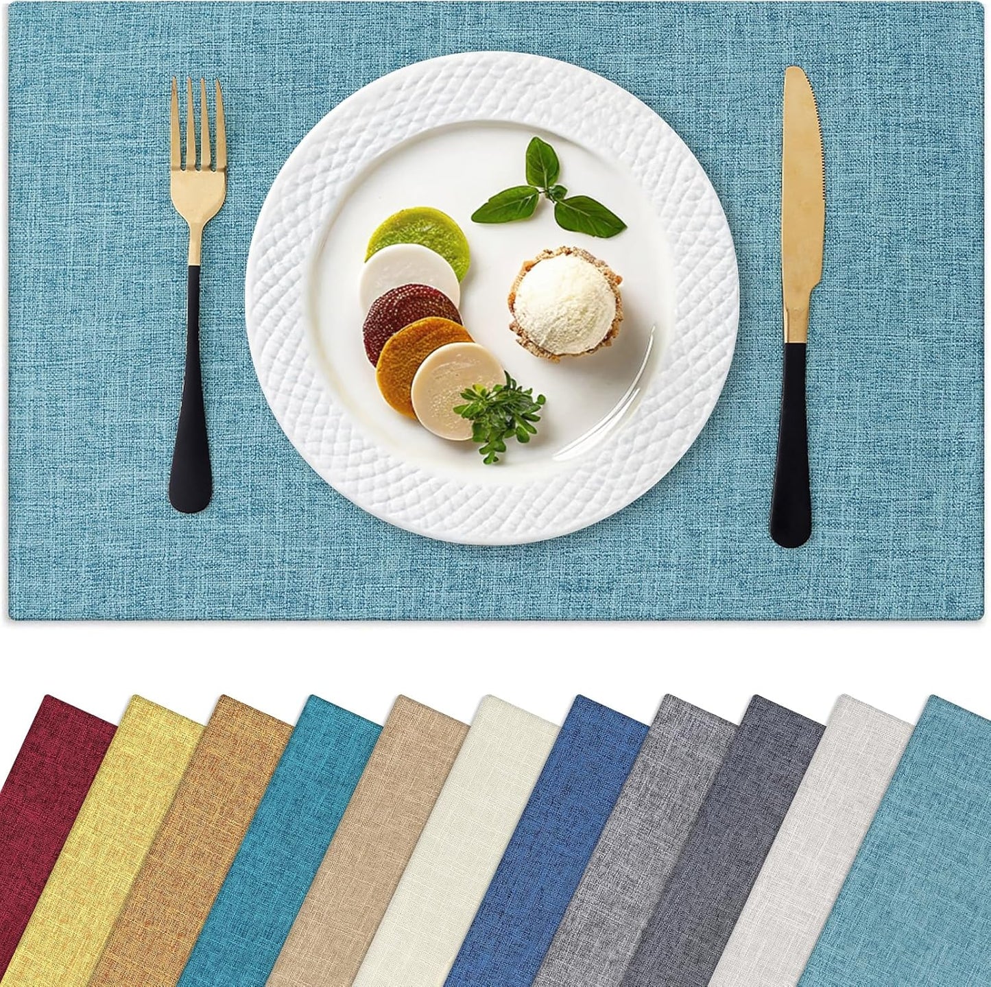 Homaxy Cloths Placemats for Dining Table Set of 4, Heat Resistant Washable Cotton Linen Blend Table Mats, Easy to Clean Place Mats for Indoor Outdoor Party Kitchen Decoration, 13" x 19", Aqua