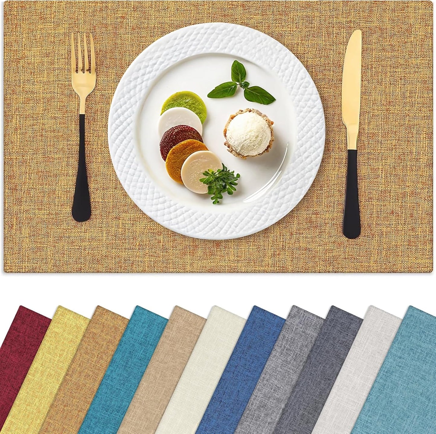Homaxy Cloths Placemats for Dining Table Set of 6, Heat Resistant Washable Cotton Linen Blend Table Mats, Ideal for Kitchen Party Dining Decoration, 13" x 19", Amber