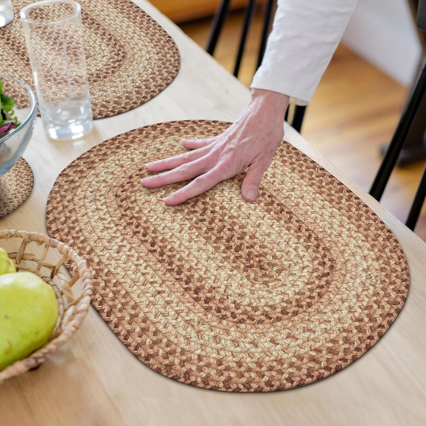 Homespice Cookie Dough Jute Braided Oval Placemats, Warm Farmhouse Decor, Set of 6, 13x19 Brown Table Mats - Vibrant Colors, Durable, Easy to Clean and Protects Furniture