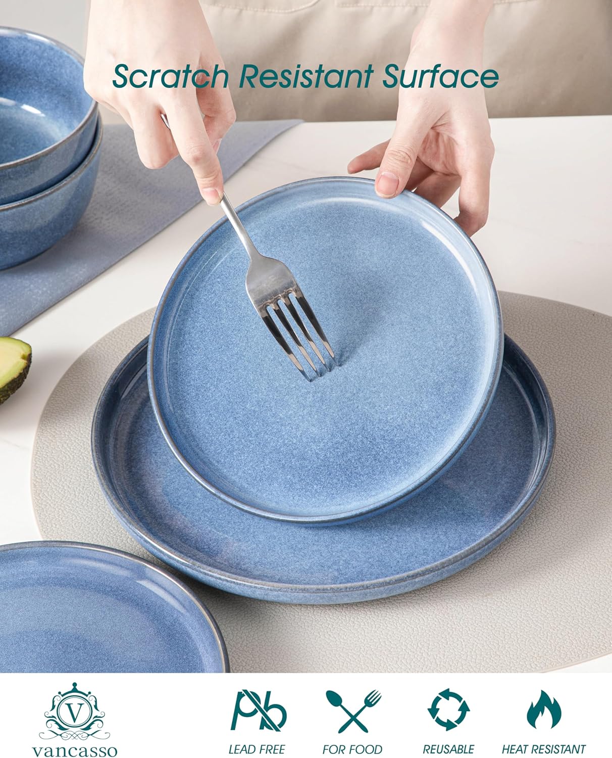 vancasso ANYA 18 Pieces Plates and Bowls Set, Blue Dinnerware Sets, Reactive Glaze Dishes Set for 6, Ceramic Dishware Sets Kitchen Dinner Set, Microwave & Dishwasher Safe