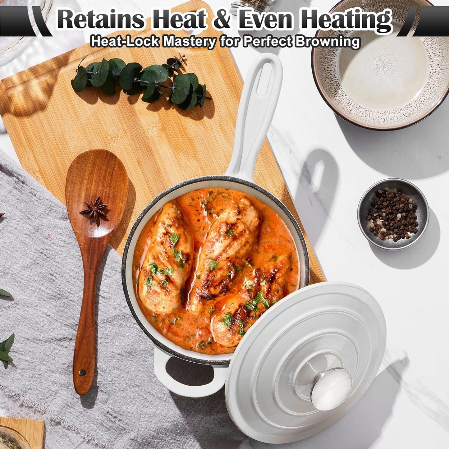 E-far Sauce Pan Set with Lid, 1Qt & 2Qt Enameled Cast Iron Pot Sets for Kitchen Cooking, Small Heavy Duty Dutch Oven Saucepans & Self-basting Lids, Induction-Ready & Easy Clean, White