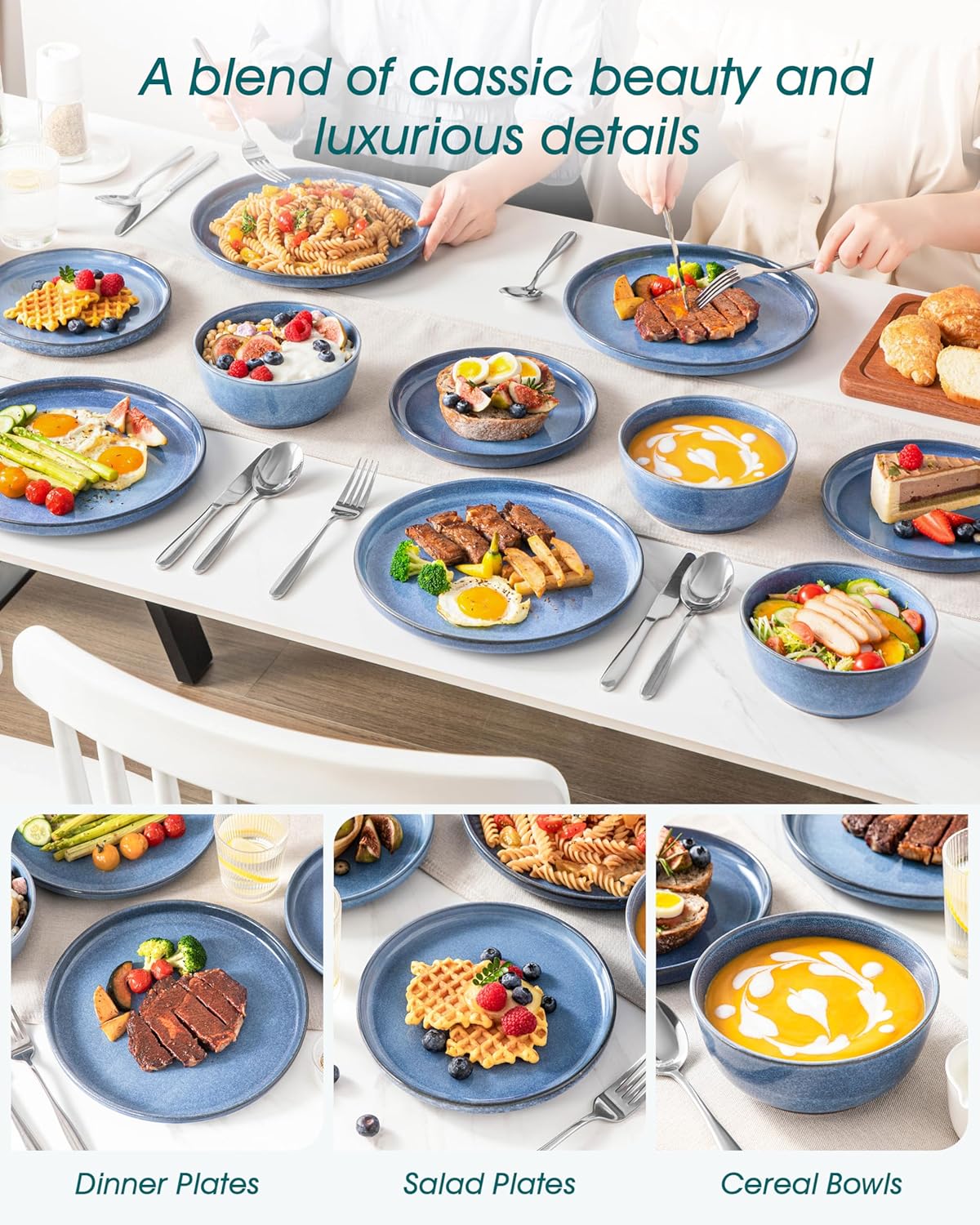 vancasso ANYA 24 Pieces Plates and Bowls Set, Blue Dinnerware Sets, Reactive Glaze Dishes Set for 8, Ceramic Dishware Sets Kitchen Dinner Set, Microwave & Dishwasher Safe