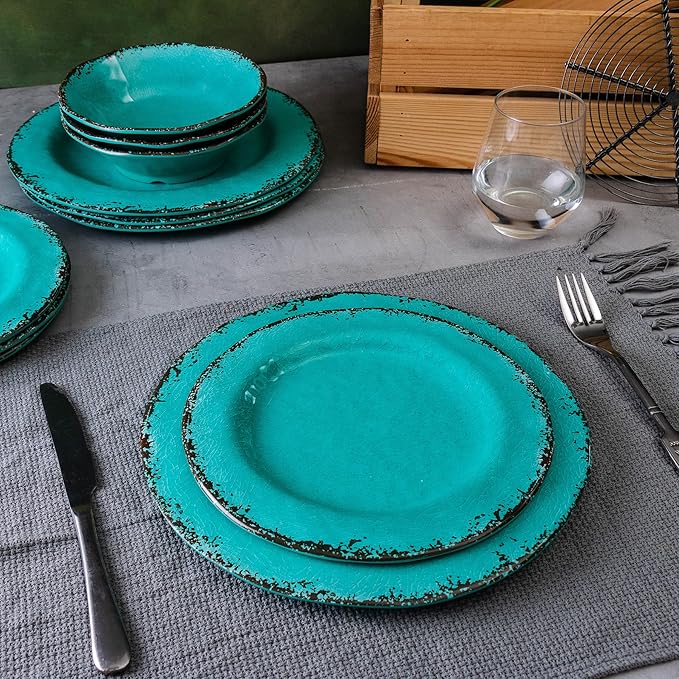 LEHAHA 12 Piece Vintage Melamine Dinnerware Sets Include 4 Dinner Plates, 4 Salad Plates and 4 Bowls Service for 4, Unbreakable Farmhouse Dishes and Bowls Suitable for Indoor and Outdoor Use Teal