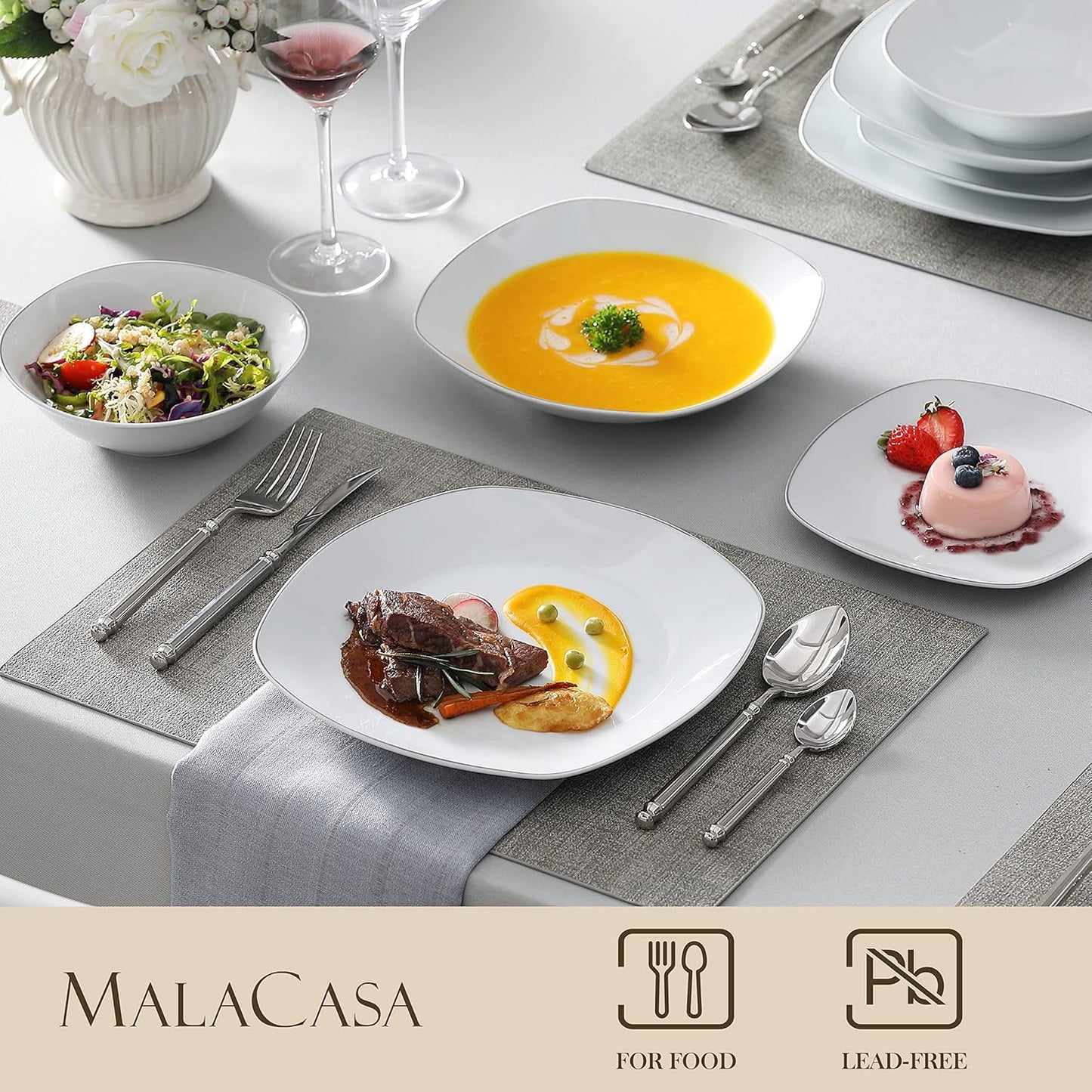 MALACASA Dinnerware Sets, 24 Piece Porcelain Square Dishes, White with Silver Rim Plates and Bowls Sets, Ceramic Dish Set for 6, Chip Resistant Dishware Sets, Series ELISA