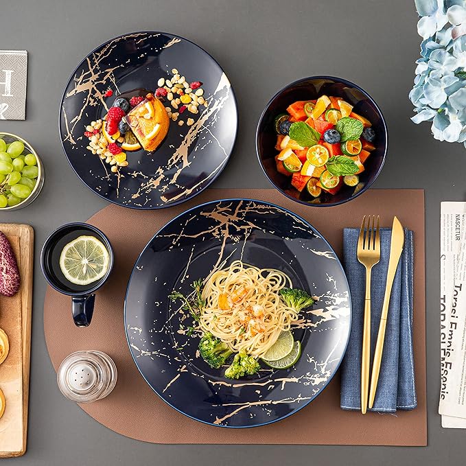 LOVECASA Porcelain Dinnerware Sets for 4, 16 PCS Plates and Bowls Set, Color Glaze with Gold Plate Dish Set, Dinner Sets with Dinner Plates, Dessert Plate, Bowls and Mugs, Dark Blue