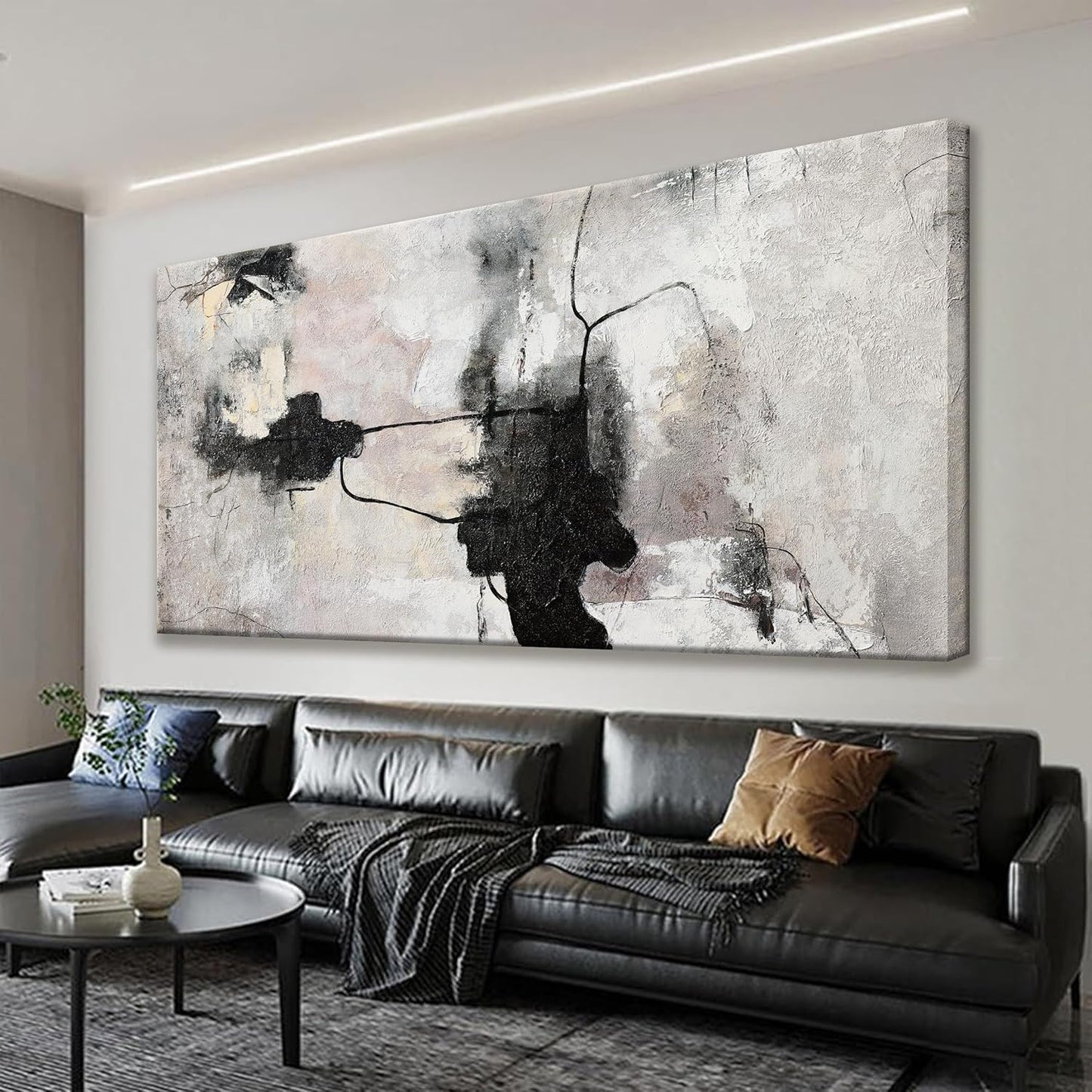 QSQ Black And Off-White Large Abstract Wall Art For Living Room Decor Grunge Room Decor Art Canvas Art Wall Decor 29" X 58" Painting Wall Art For Bedroom Home Office Artwork