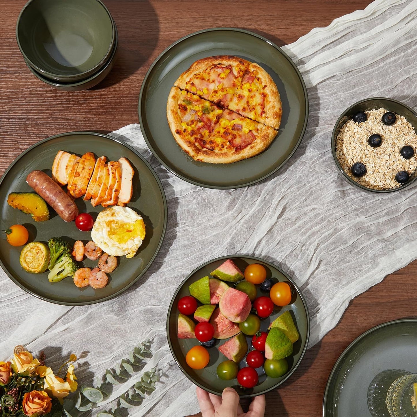 24 Piece Dinnerware Set for 8, Santorini Mist Terracotta Plates and Bowls Sets, Complete Stoneware Dish Set for Large Families and Entertaining, Microwave & Dishwasher Safe, Blackish Green