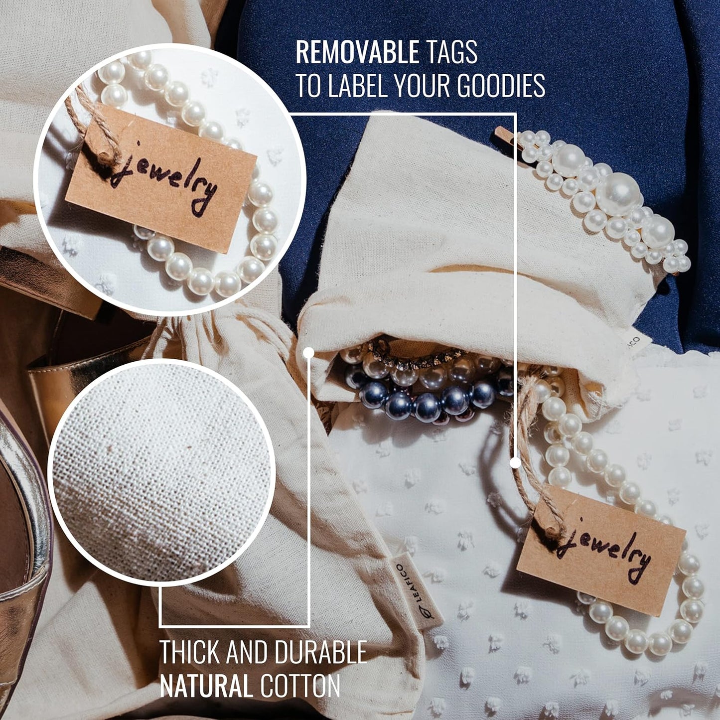 LEAFICO Organic Cotton Reusable Produce Bags - Small 5x7 (12 Pack) - Biodegradable Eco-Friendly Bulk Bin Sacks for Food - Cloth Bags with Drawstrings - Linen Pouch for Fruit, Vegetable Storage