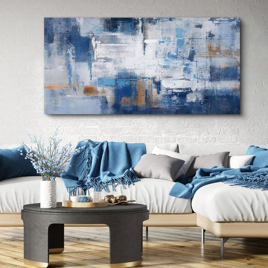 KLAKLA Navy Blue Wall Art - Modern Abstract Canvas Blue and White Picture Artwork for Living Room Wall Decor Bedroom Office Home Decoration