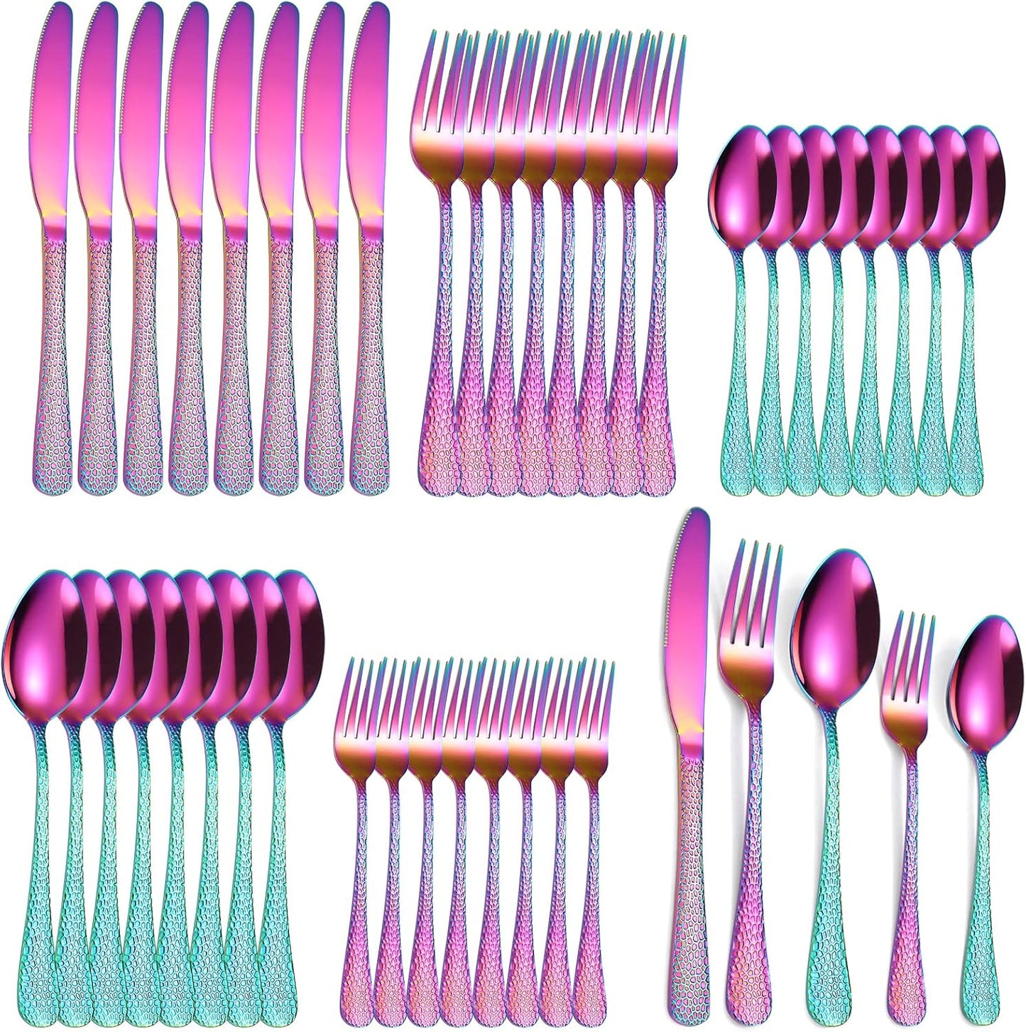 Hammered Silverware Set Rainbow Stainless Steel Flatware 40 pieces Dinning Utensils Service for 8 include Knife Fork Spoon Durable Easy to Clean