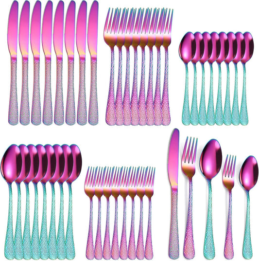 Hammered Silverware Set Rainbow Stainless Steel Flatware 40 pieces Dinning Utensils Service for 8 include Knife Fork Spoon Durable Easy to Clean