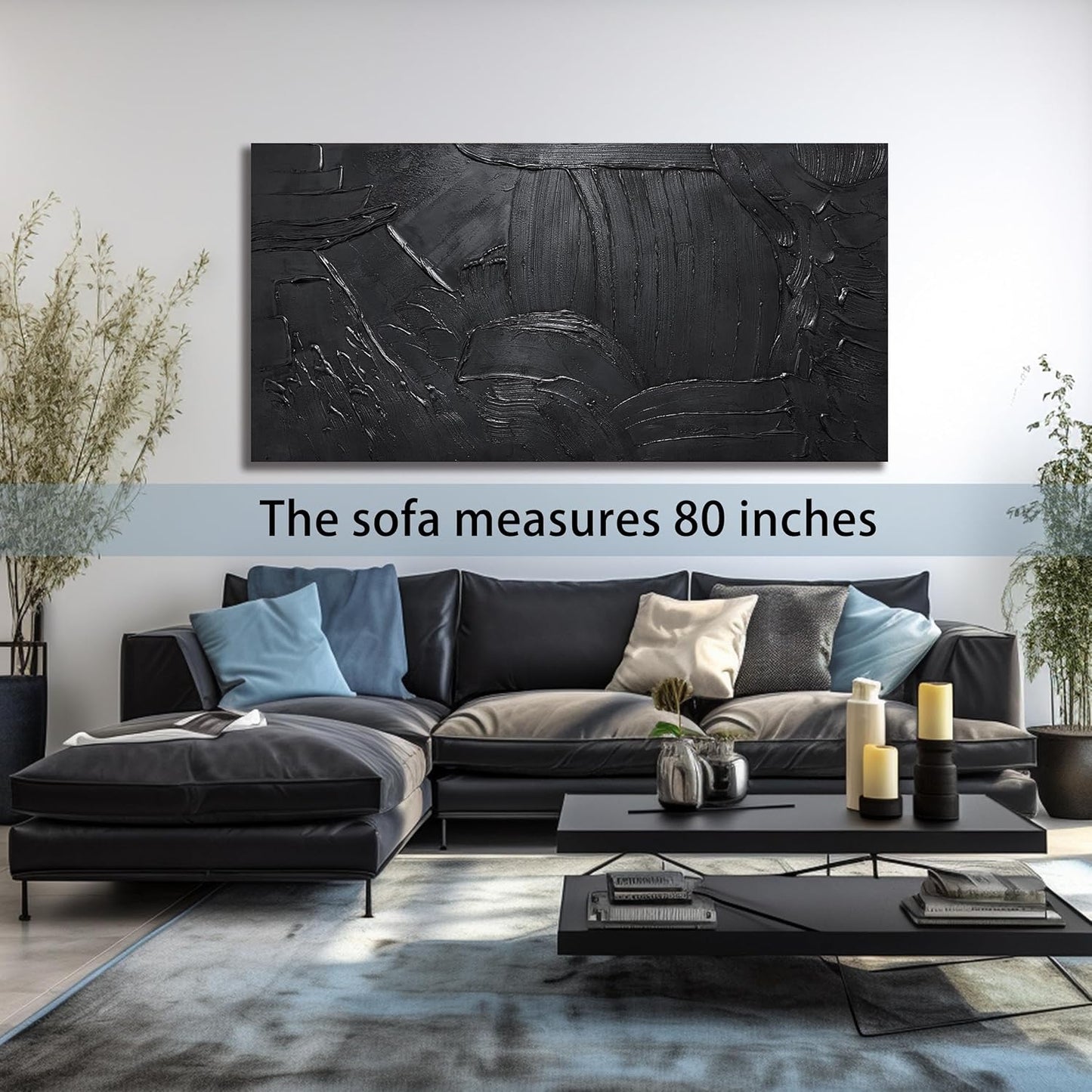 HUBOSKN Minimalist Artwork Wall Decor For Living Room Black Abstract Painting Wall Art For Office Huge 3D Canvas Wall Art For Hotel Size 40 x 80 Inch