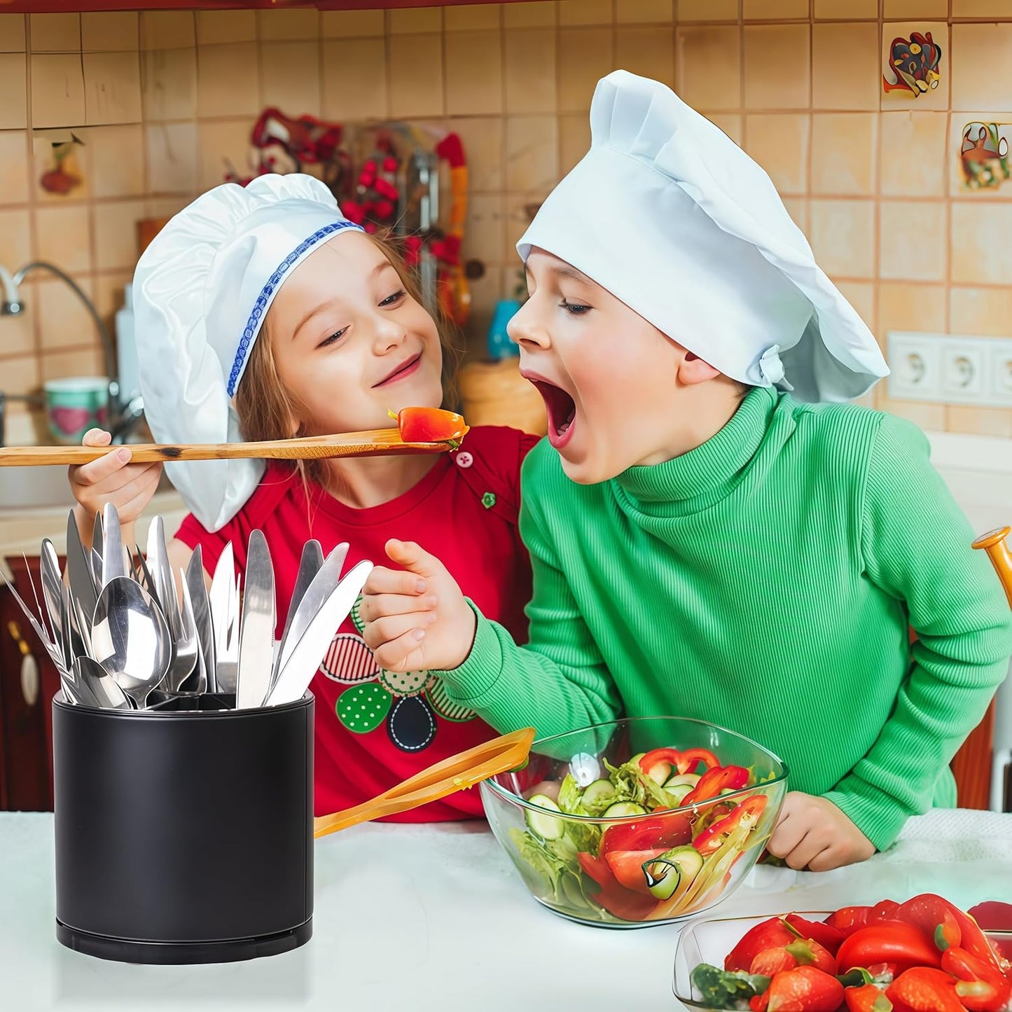 Utensil Holder,360°Rotating Kitchen Utensil Holder For Counter,Cooking Silverware Organizer Stainless Steel Caddy Flatware Spoon Spatula Tool Cutlery Container