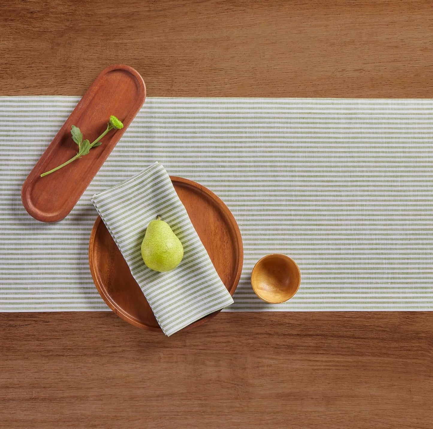 Solino Home Linen Striped Table Runner 108 Inches Long - Narrow Stripe 100% Pure Linen Avocado and White Dining Table Runner 14 x 108 Inch for Fall, Autumn, Thanksgiving, Christmas