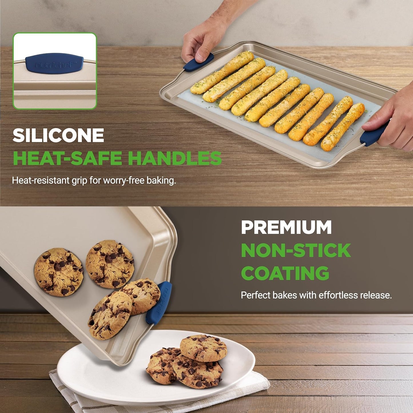 NutriChef Nonstick Baking Pans Set - Carbon Steel Bakeware with Blue Silicone Handles, Even Heat Distribution, Durable & Reliable 3-Piece Cookie Sheet Set in Small, Medium, Large Sizes (Gold)