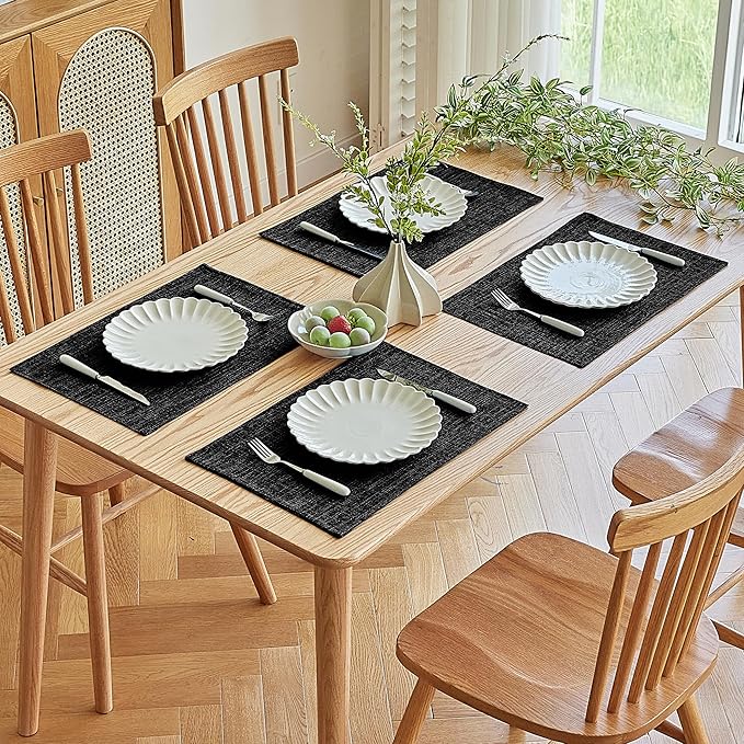 Softalker Faux Linen Placemats Set of 6-12 x 18 Inch, Heat Resistant Double Layered Durable Burlap Farmhouse Place Mats, Non-Slip Washable Rustic Table Mats for Dining, Kitchen, Party（Black