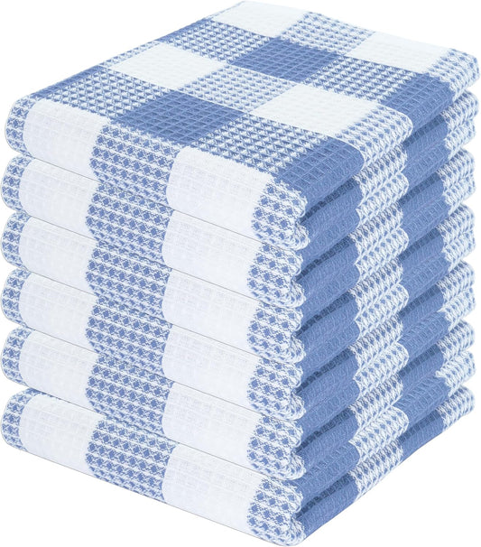 PurpleEssences 100% Cotton Waffle Weave Check Plaid Kitchen Towels, Super Soft and Absorbent Dish Towels for Drying Dishes 15 x 25-6 Pack - Fall Thanksgiving- Smoky Grey and White