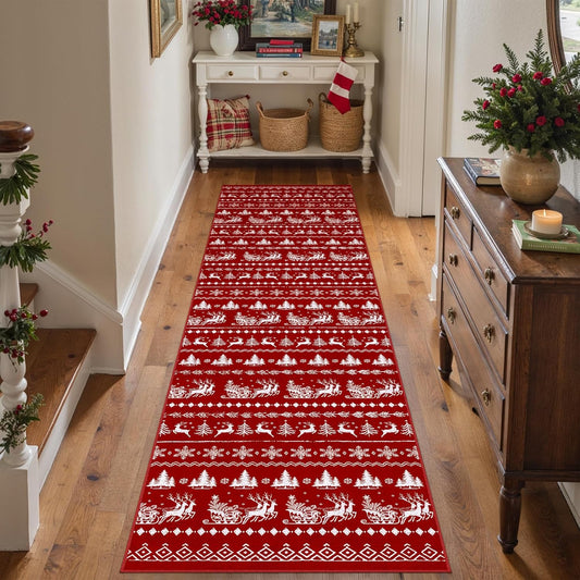 2x8 Christmas Runner Rug Red Washable Carpet Xmas Elk Holiday Decor Kitchen Non Slip Soft Low Pile Carpet Indoor Throw Snowflake Rug Laundry Room Living Room Bedroom Dining Room