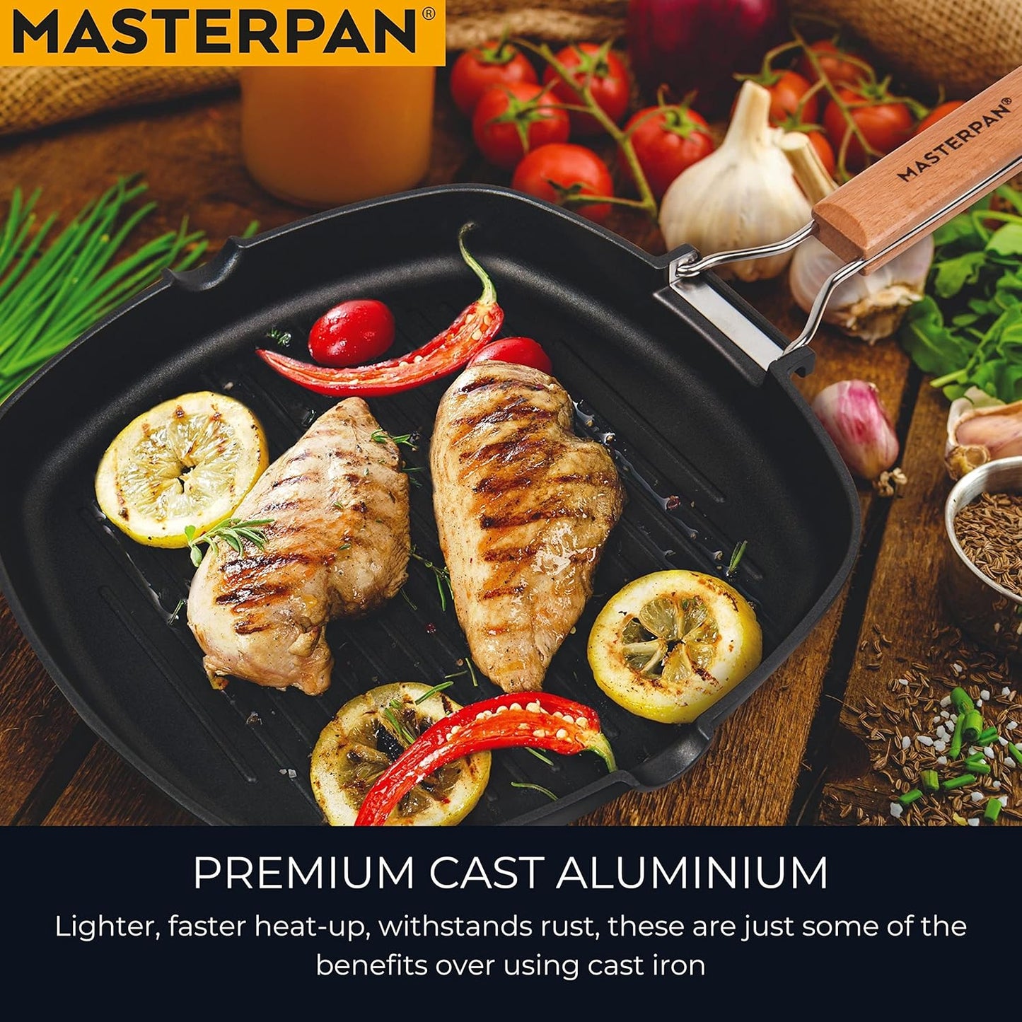 MasterPan Non-Stick Grill Pan Wooden, 11", Folding Handles