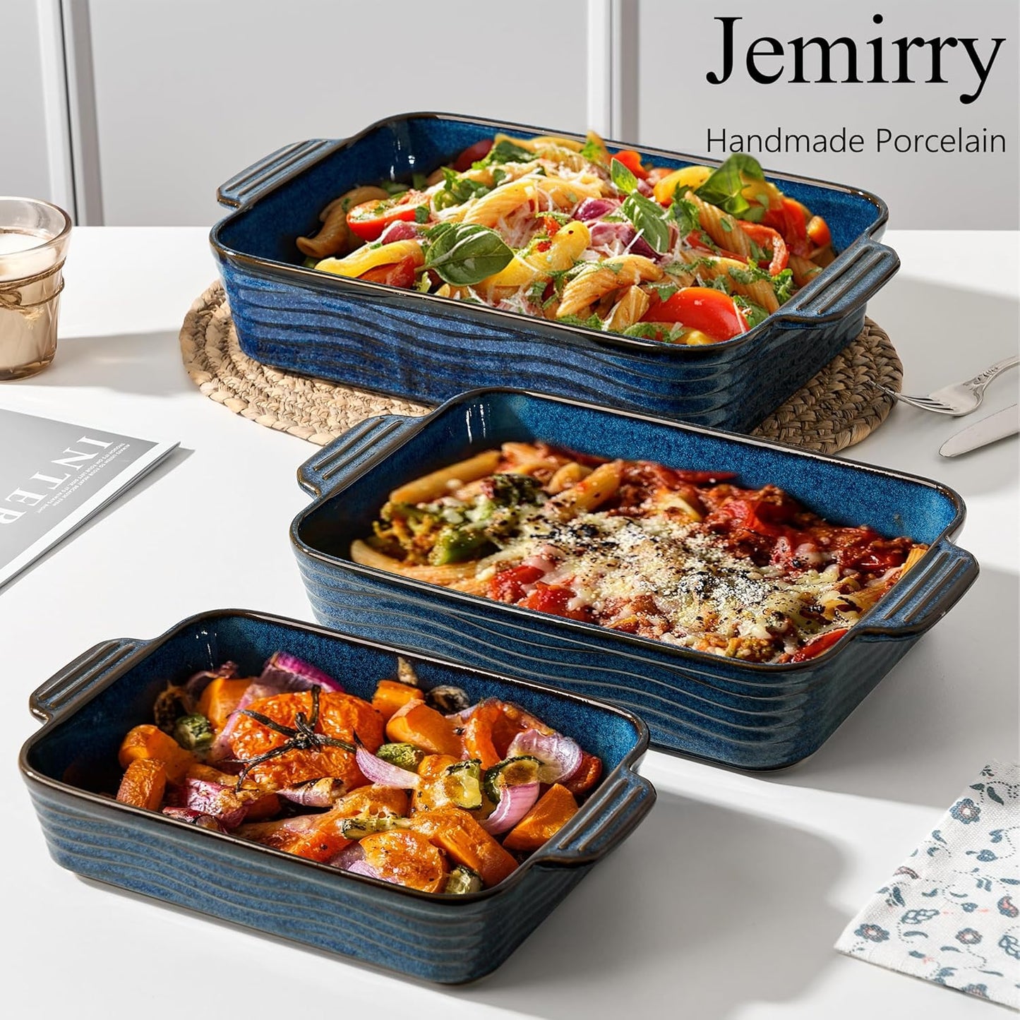 Kiln-Transformed Blue Ceramic Baking Dish Set of 3, Casserole Dishes for Oven, Square Porcelain Bakeware Set with Handles, Lasagna Baking Pan for Cooking, Perfect for Baking and Serving, Housewarming, Halloween, Thanksgiving, Christmas, New Year