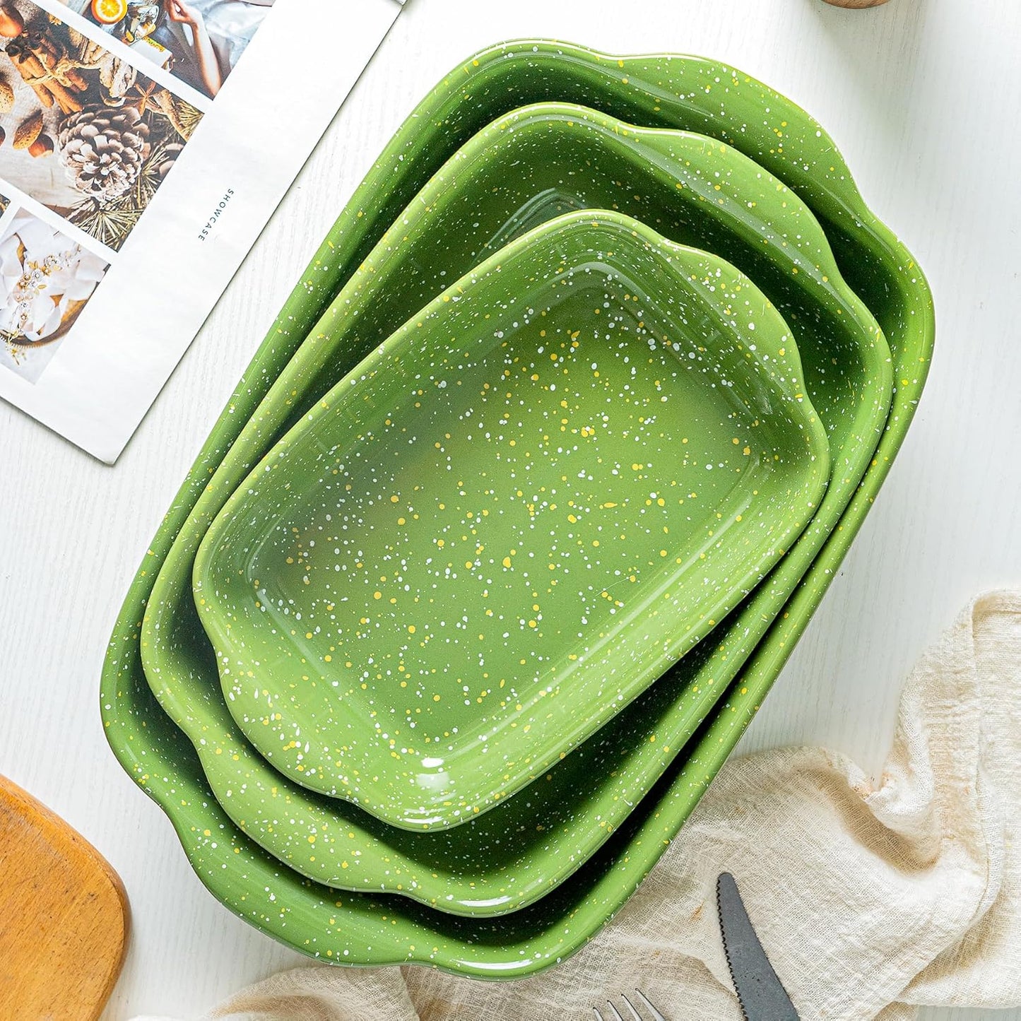 Ceramic Baking Dishes for Oven,Heavy Duty Bakeware Dish Set of 3, Rectangular Casserole,Lasagna Pan Deep,High Heat Resistant,Glazed Handcraft Speckle Series (13.8''/12''/9.6''Green)
