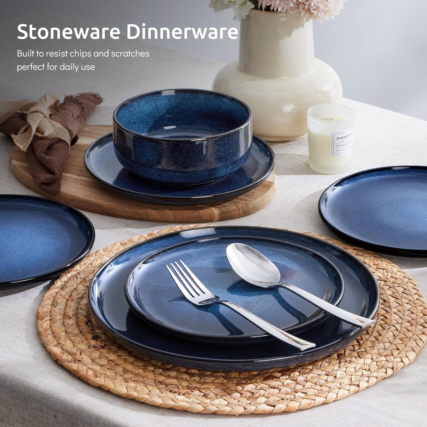 E-far Dinnerware Sets for 2, 6-Piece Stoneware Plates and Bowls Set, Ceramic Dishes Reactive Glaze Dinning Ware, Microwave & Dishwasher Safe - Deep Sea Blue