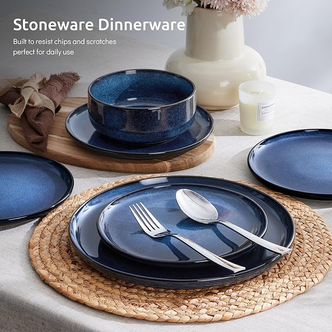 E-far Dinnerware Sets for 8, 24-Piece Stoneware Plates and Bowls Set, Ceramic Dishes Reactive Glaze Dinning Ware, Microwave & Dishwasher Safe - Deep Sea Blue