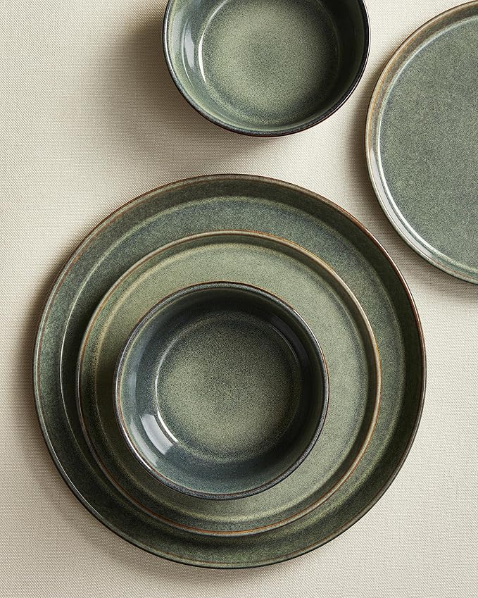 Dinnerware Sets, Microwave Safe Plates and Bowls Sets, Dishes Set for 4, Chip & Scratch Resistant Dinner Set, Reactive Glazed Farmhouse Dishware Sets, Green Wheat