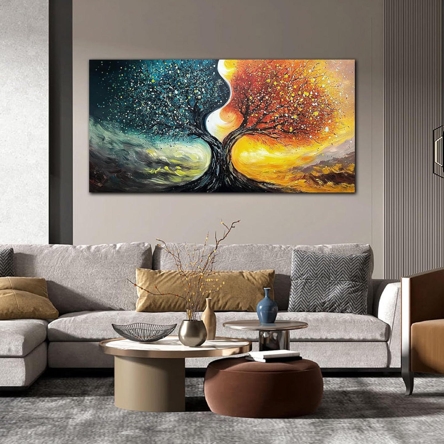 Tree Pictures Wall Decor for Living Room - Abstract Hand Painted Wall Art for Office - Teal and Gold Wall Art for Bedroom Size 20" x 40"