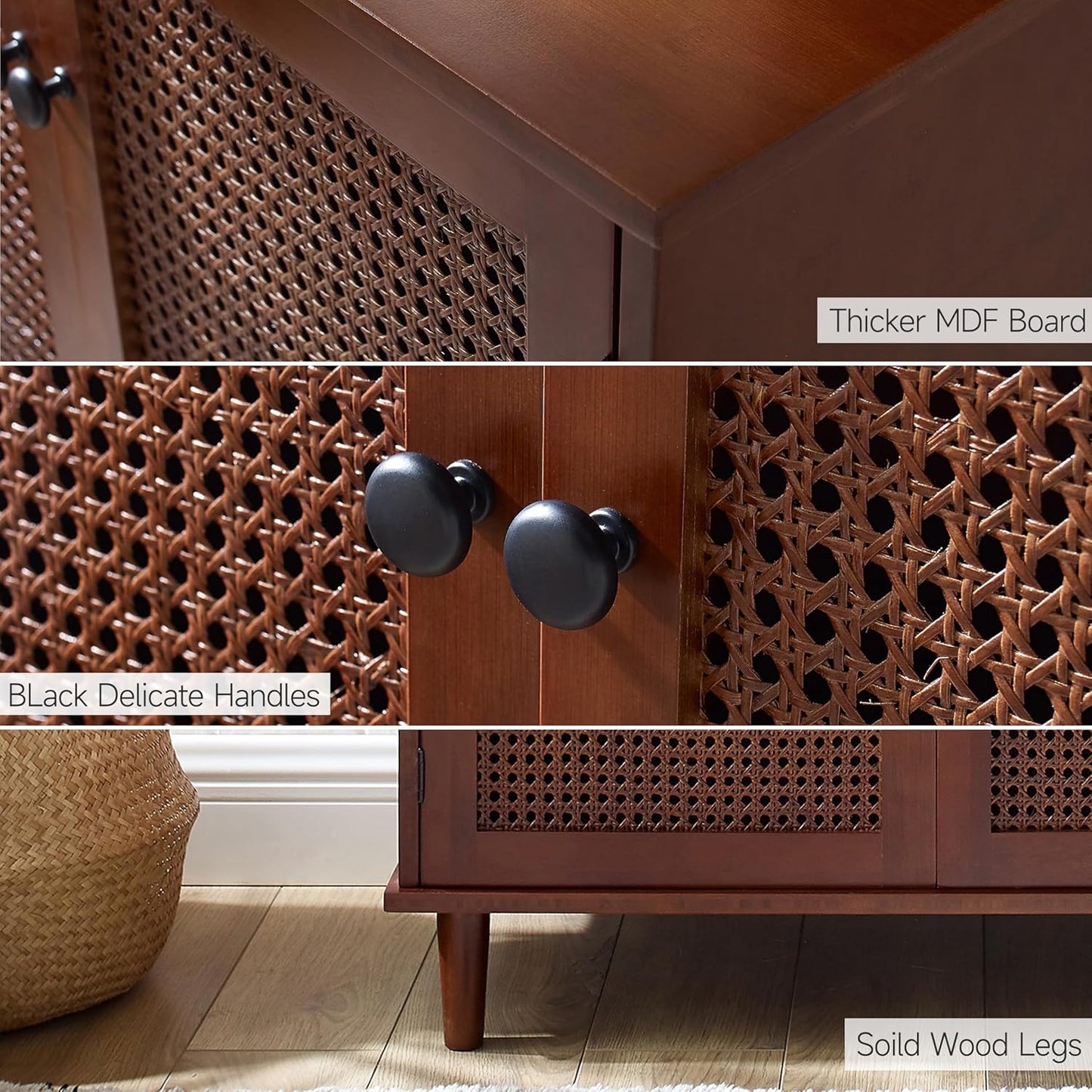 Sideboard Buffet Cabinet, Rattan Storage Cabinet with 2 Doors and Removable Shelf, Farmhouse Decor for Living Room, Entryway, Hallway, Kitchen, Dining Room