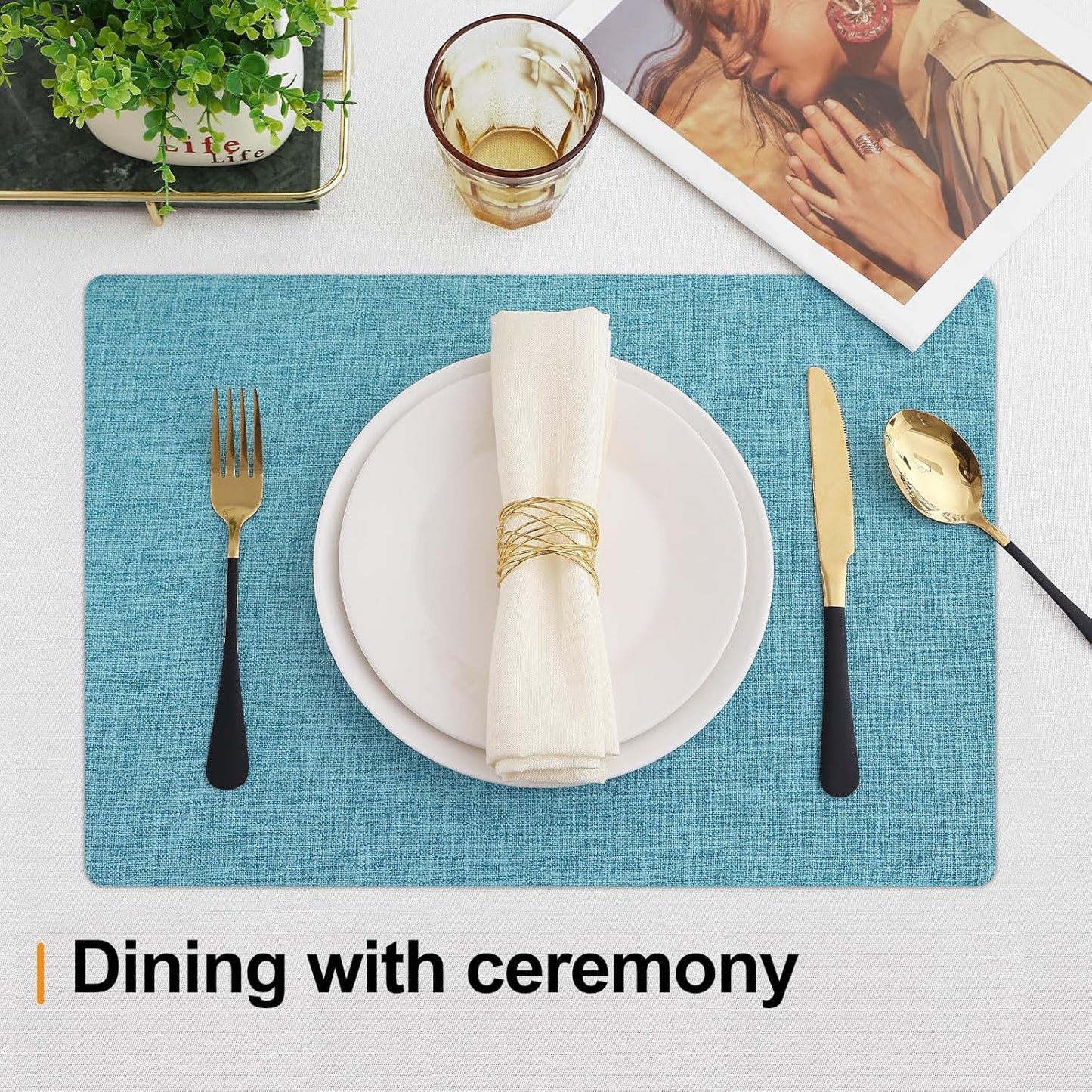 Homaxy Cloths Placemats for Dining Table Set of 6, Heat Resistant Washable Cotton Linen Blend Table Mats, Easy to Clean Place Mats for Indoor Outdoor Party Kitchen Decoration, 13" x 19", Aqua