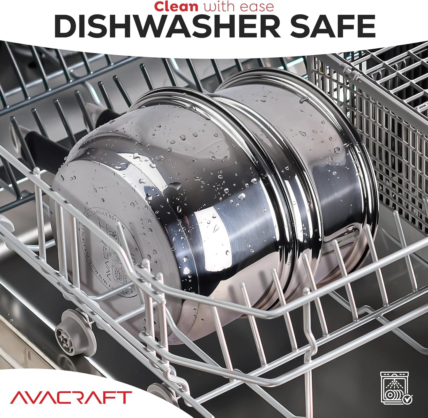 AVACRAFT 18/8 Stainless Steel Double Boiler, 1.5 Quart - Quality Clad Melting Pot for Butter, Chocolate, Cheese, Wax, Sauces - Even Heat, Tempered Glass Lid, Long Handle, Bottom has 5 Layers